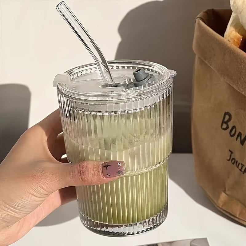 6pcs Ribbed Glassware, Glass Cups with Lids And Straws, Dishwasher Safety, Coffee Cups with Lids And Straw Sets, Reusable Iced Coffee Cups for Iced Tea, Juice, Water, Milk Tea, Milkshakes