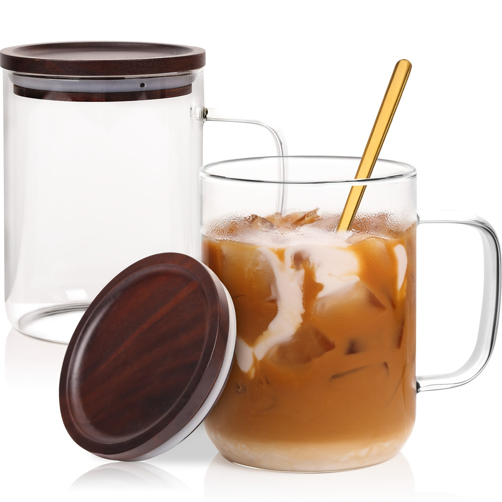 Large Glass Coffee Mug with Lids, 20oz Coffee Mugs, Clear Coffee Cups with Walnut Wood Lids, Glass Mugs with Handles, Oversized Coffee Mug Set Of 2 with 2 Spoons, Suitable for Tea, Milk, Juice, And Coffee