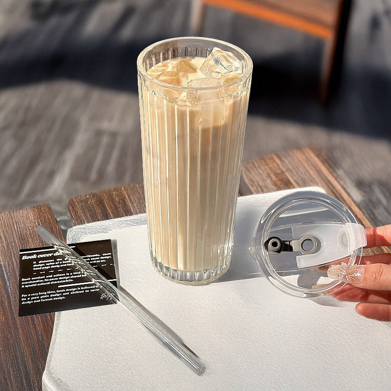 Large Capacity Clear Coffee Latte Cup with Lid & Built-in Straw - Elegant Modern Tumbler for Iced Americanos, Home, Office, or Gifts - Durable Glass Construction, Spill-Proof Design for Hot/Cold Beverages, Office Drinkware, Contemporary Drinkware, Premium