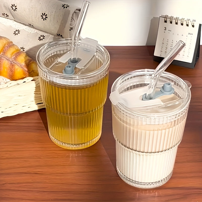 6pcs Ribbed Glassware, Glass Cups with Lids And Straws, Dishwasher Safety, Coffee Cups with Lids And Straw Sets, Reusable Iced Coffee Cups for Iced Tea, Juice, Water, Milk Tea, Milkshakes