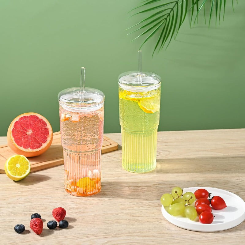 20oz High Borosilicate Glass Tumbler with Lid & Straw - Reusable Wide Mouth Coffee Cup, Clear Smoothie Cup for Iced Drinks, Durable & Stylish Design, Perfect for Home, Office, or On-the-Go Use, Coffee Travel Mug, Office Drinkware, Modern Drinkware,