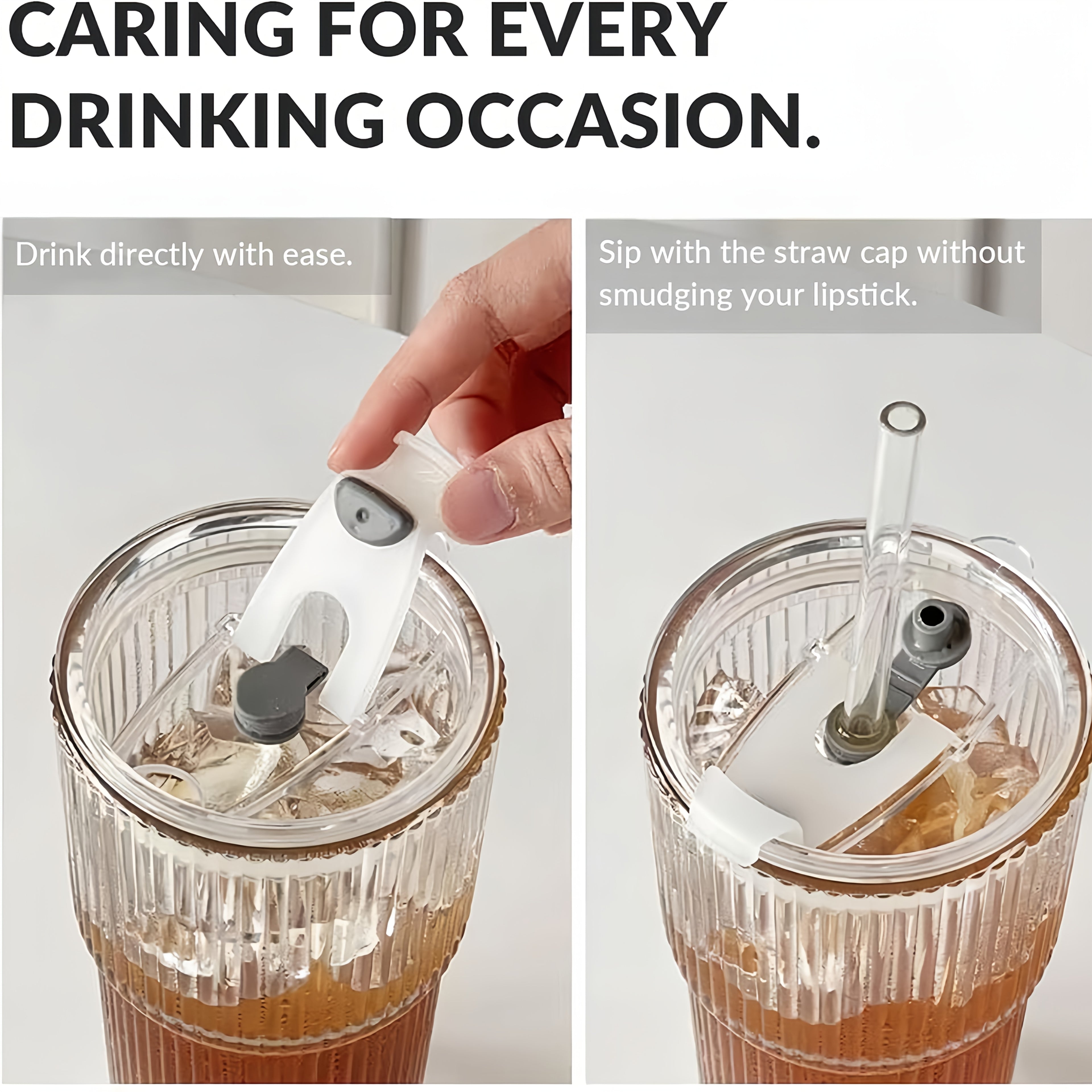 2 Ribbed Glass Cups with Plastic Lid And Straw+straw Brush, Perfect for Iced Coffee, Juice, Smoothie Cocktails, Etc., Suitable for Home, Office, Party Supplies, 20oz