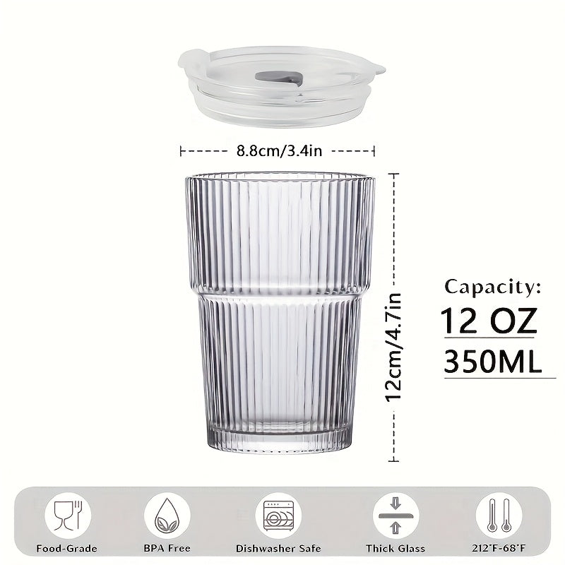 6pcs Ribbed Glassware, Glass Cups with Lids And Straws, Dishwasher Safety, Coffee Cups with Lids And Straw Sets, Reusable Iced Coffee Cups for Iced Tea, Juice, Water, Milk Tea, Milkshakes