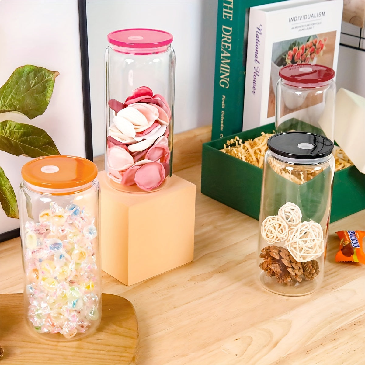20 Oz Glass Cups With Acrylic Lids And Straws 16 Pcs Can Shaped Glass Iced Coffee Cups With Lids, Drinking Jar Glasses Cute Tumbler Cup Great For Smoothie Soda Boba Tea Cocktail Beer Gift