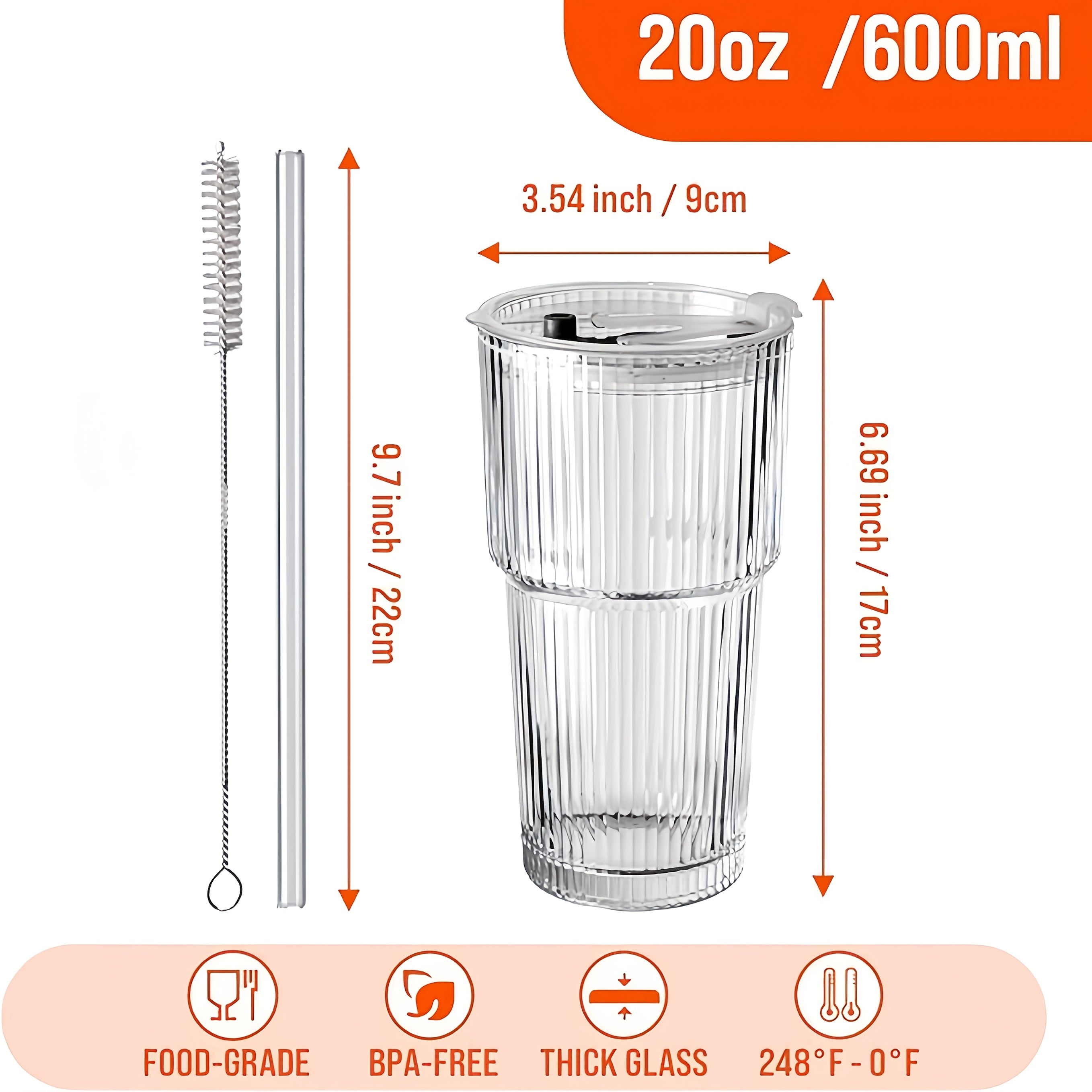 2 Ribbed Glass Cups with Plastic Lid And Straw+straw Brush, Perfect for Iced Coffee, Juice, Smoothie Cocktails, Etc., Suitable for Home, Office, Party Supplies, 20oz