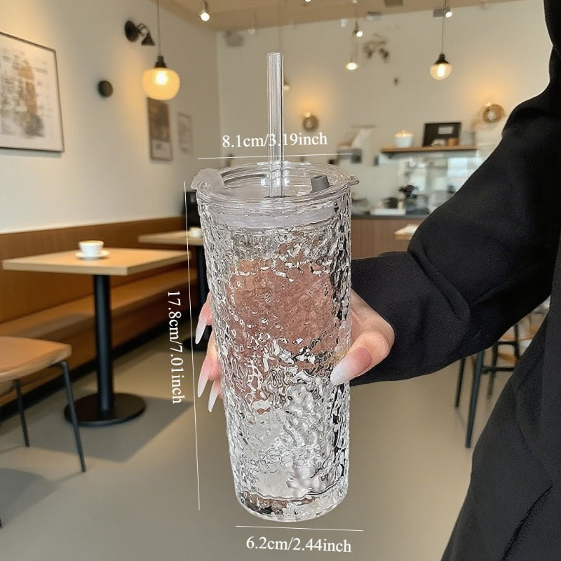 Large Capacity Clear Coffee Latte Cup with Lid & Built-in Straw - Elegant Modern Tumbler for Iced Americanos, Home, Office, or Gifts - Durable Glass Construction, Spill-Proof Design for Hot/Cold Beverages, Office Drinkware, Contemporary Drinkware, Premium