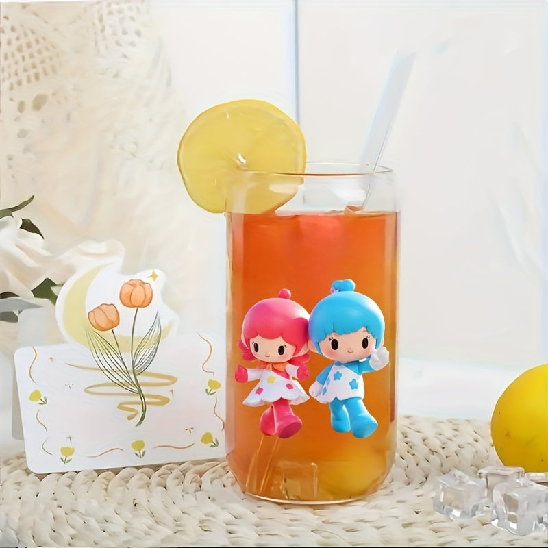 Glass Cup With Lid And Straw, for Little Twin Stars Cute Glassware Set Ideal Gift For Friend, Child And Family, Perfect For Iced Drinking, Cola, Boba And DIY Beverage, Contain 4pcs