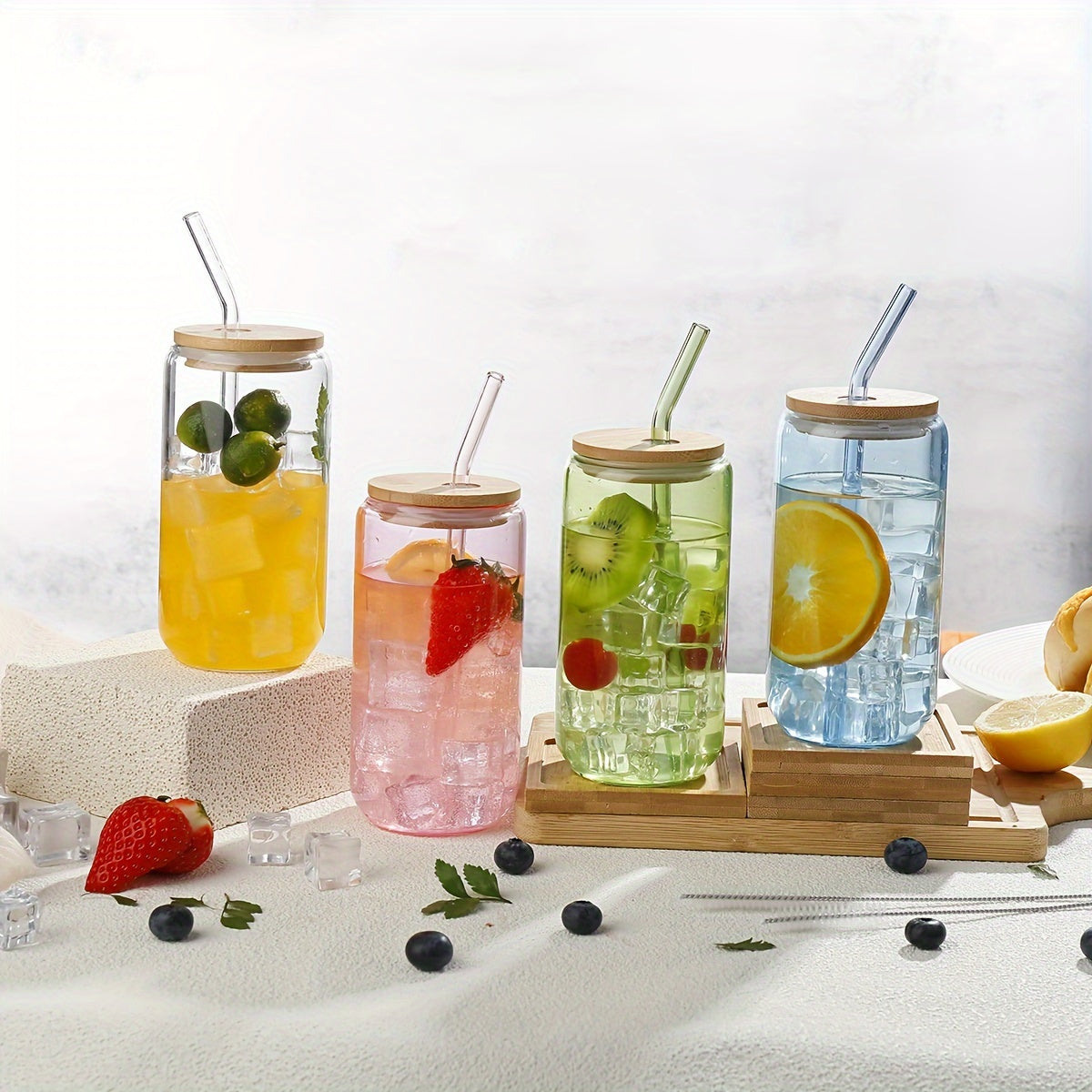 4pcs Glass with Lid & Straw - Bamboo Lid Straw Drink Cup-High Value Coffee Cup Household Glass-Explosion-proof with Lid-Strong and Durable Reusable-Christmas Gift