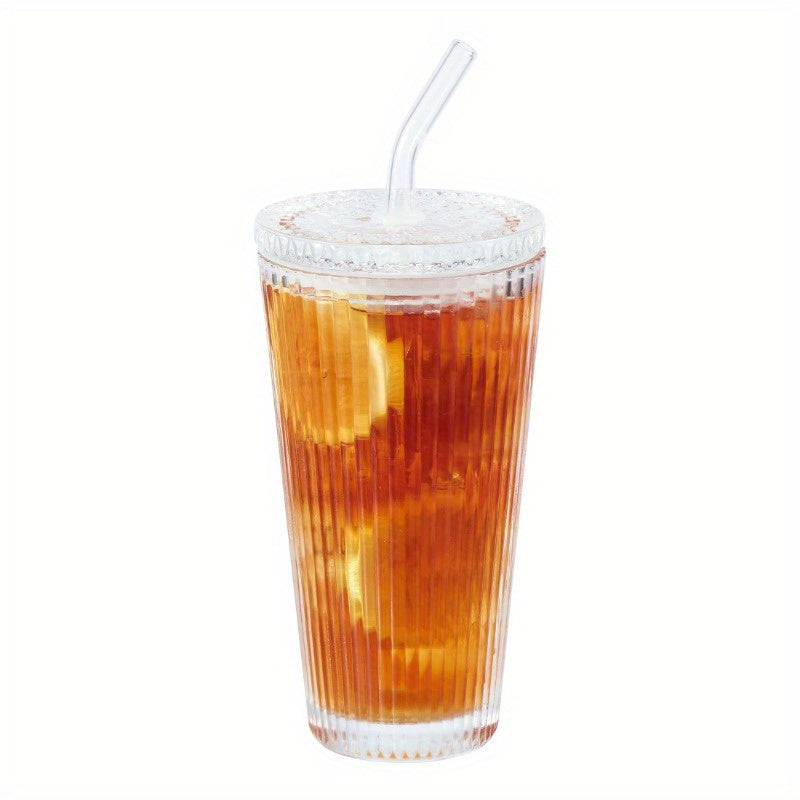 2pcs Ribbed 21oz Glass Tumblers with Lids & Straws - Clear, Reusable, Hand Wash Only, Perfect for Iced Beverages, Beverage Serving | Ribbed Glassware | Durable Glass