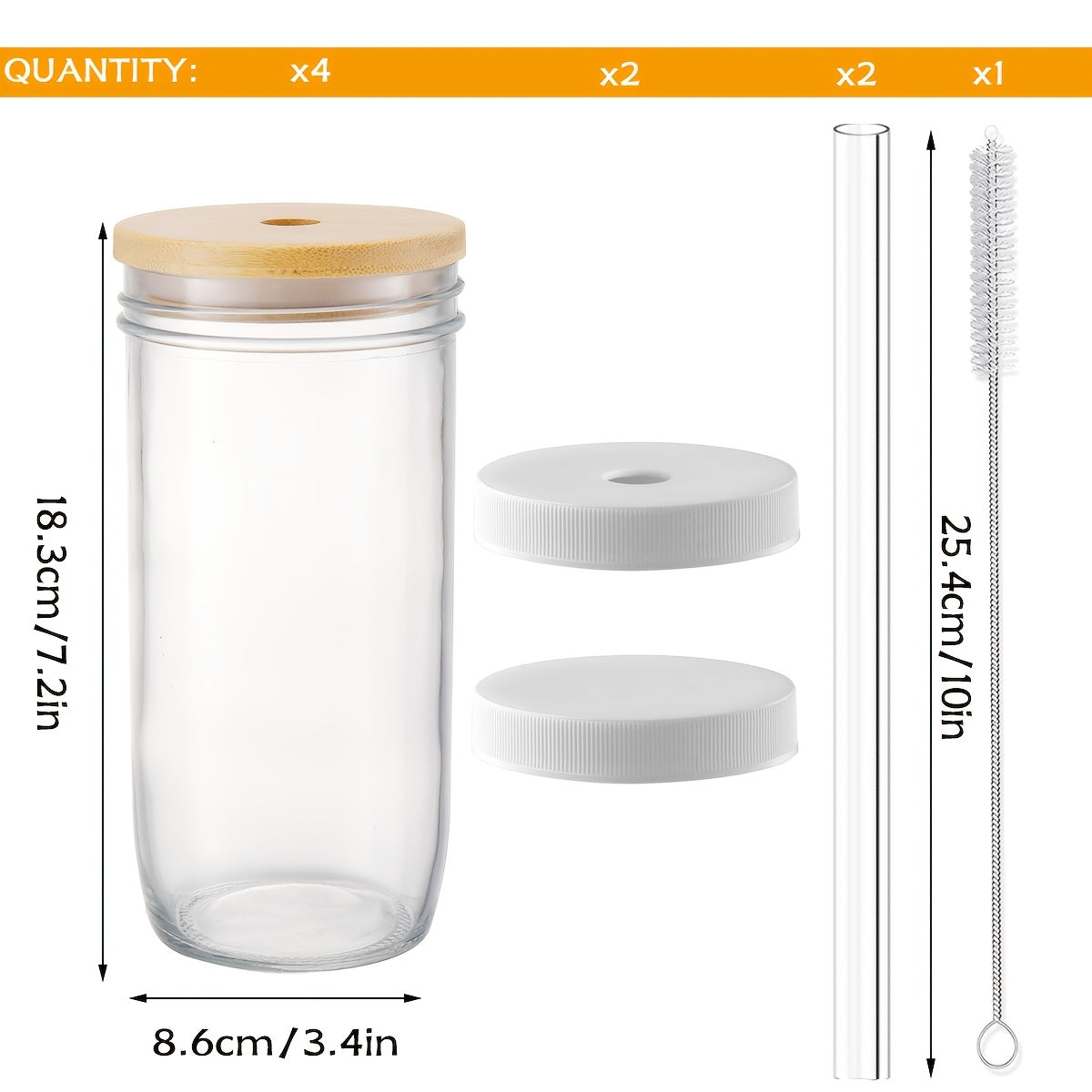 4pcs Thickened Glass, 24oz Drinking Set - Glass with Wooden Lid, Wide Mouth Mason Cup, Drinkware Set, Iced Coffee Cup, Boba Cup, Free White Sealed Lid