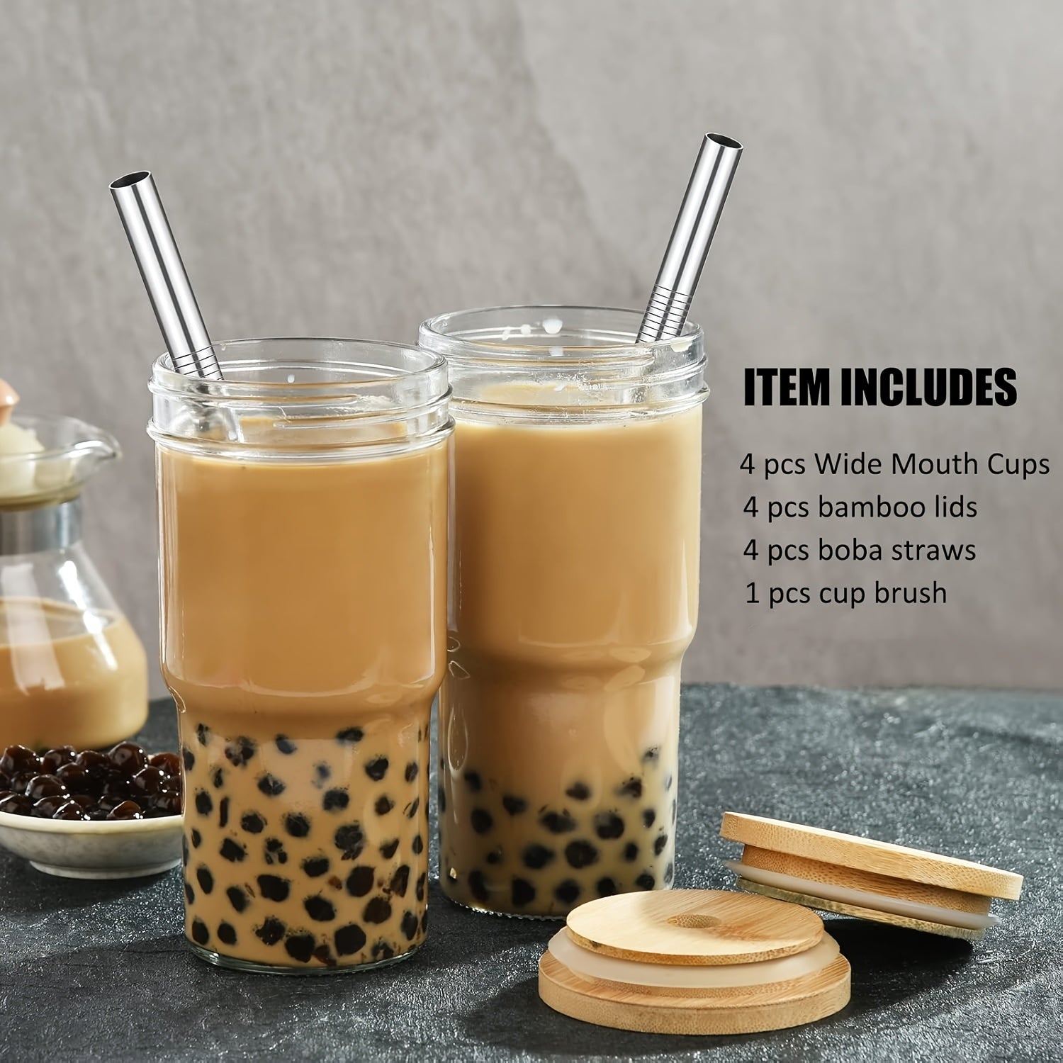 4pcs Of 24 Ounce Glass Cups with Lids And Straws, Cute Travel Glass Cups, Drinking Can Set, Reusable Glass Water Cups for Making Milkshakes, Cold Boiled, Soda Water, Juice - Mother's Day Gift, Christmas Gift - Comes with With Two Cup Brushes.