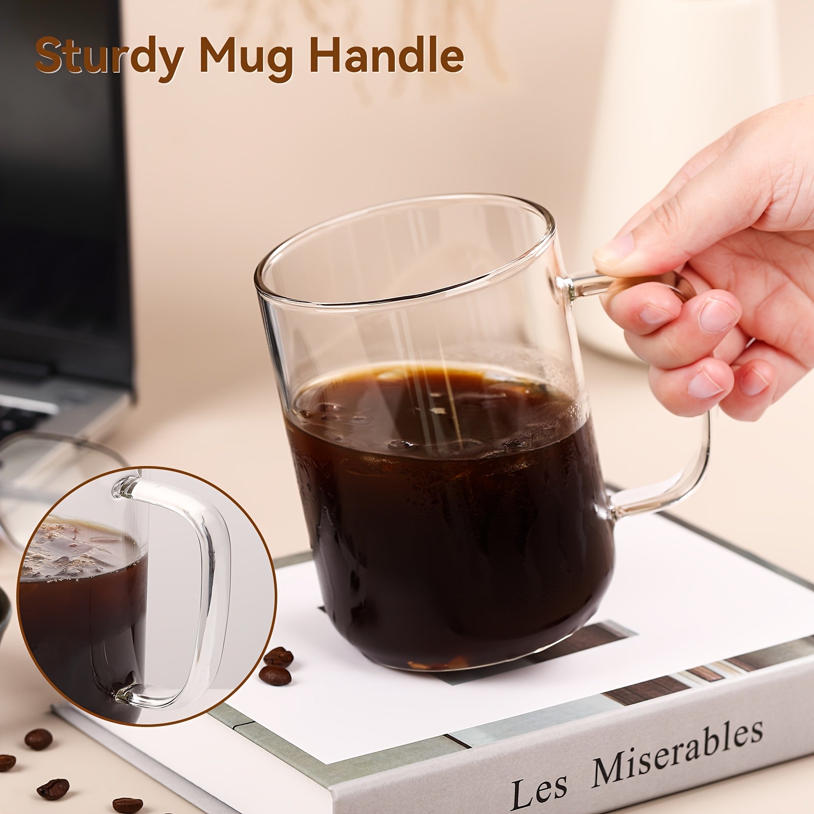 Large Glass Coffee Mug with Lids, 20oz Coffee Mugs, Clear Coffee Cups with Walnut Wood Lids, Glass Mugs with Handles, Oversized Coffee Mug Set Of 2 with 2 Spoons, Suitable for Tea, Milk, Juice, And Coffee