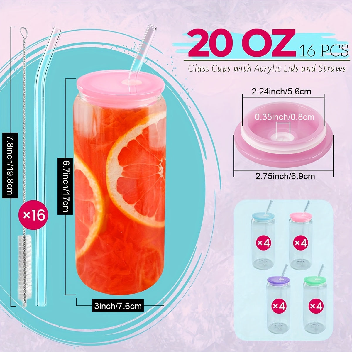 20 Oz Glass Cups With Acrylic Lids And Straws 16 Pcs Can Shaped Glass Iced Coffee Cups With Lids, Drinking Jar Glasses Cute Tumbler Cup Great For Smoothie Soda Boba Tea Cocktail Beer Gift