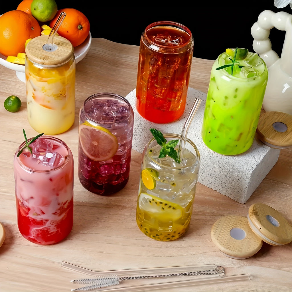 12pcs, Glass Straw Cup With Bamboo Lid, Mason Jar Water Cup, Iced Coffee Cup, Glass Cup With Bamboo Lid, Cute Cup, Reusable, Suitable For Furniture Kitchen, Hotel, Home Party Supplies, 18.7 Ounces/550 Milliliters