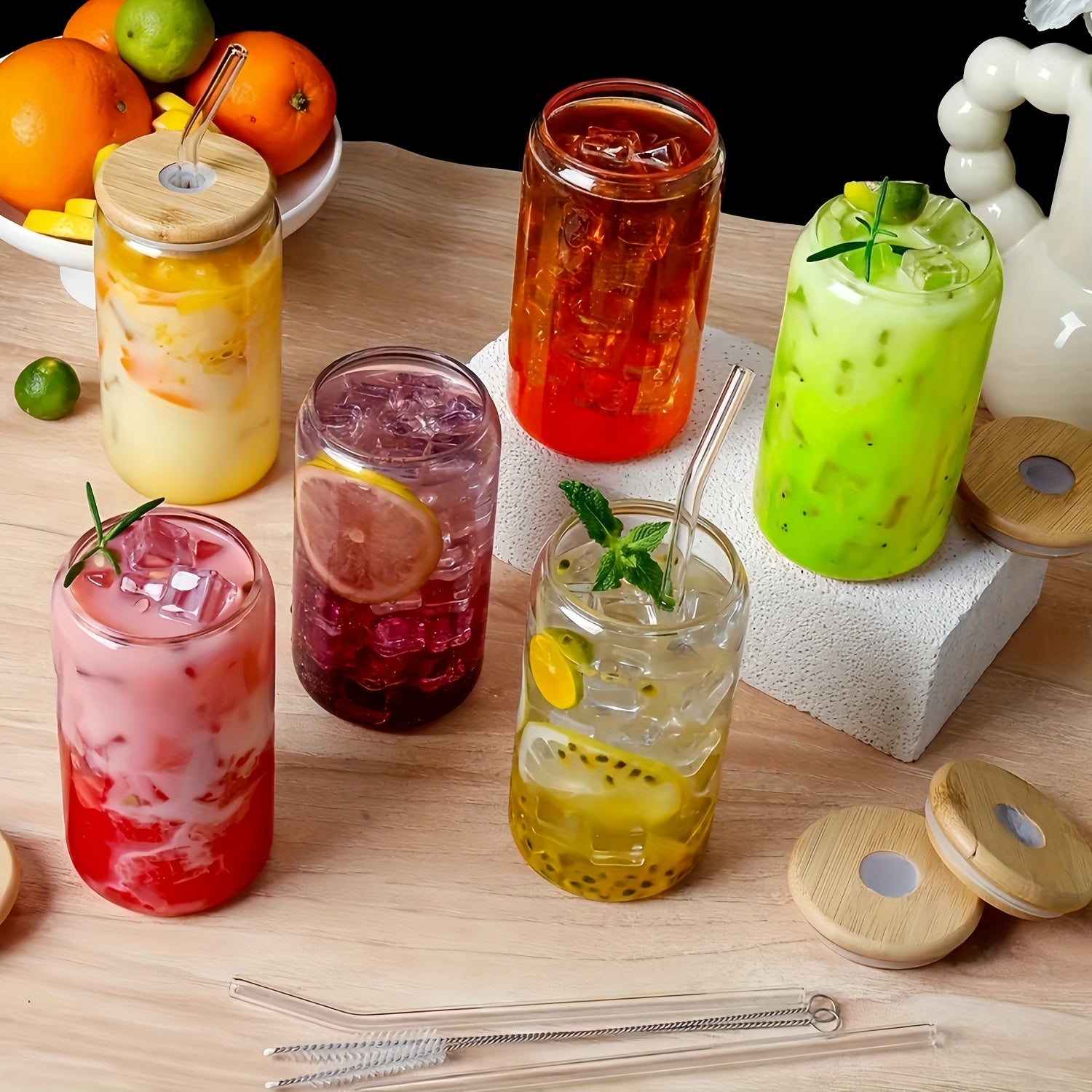 12pcs, Glass Straw Cup With Bamboo Lid, Mason Jar Water Cup, Iced Coffee Cup, Glass Cup With Bamboo Lid, Cute Cup, Reusable, Suitable For Furniture Kitchen, Hotel, Home Party Supplies, 18.7 Ounces/550 Milliliters