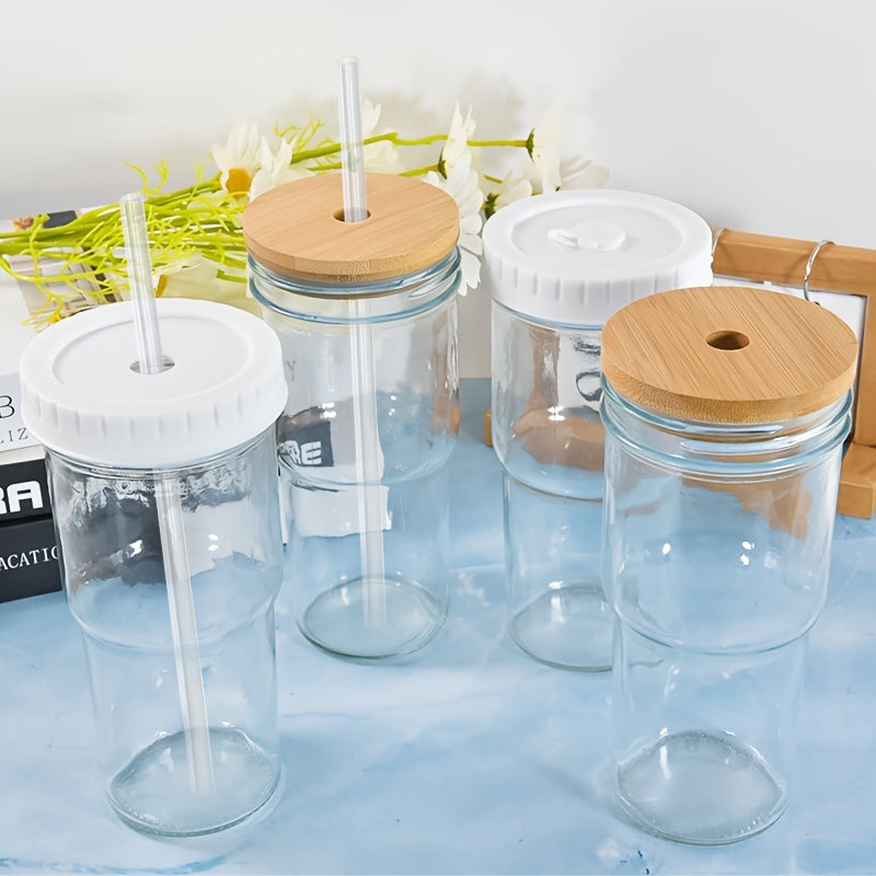 Pack of 4, Glass Cups with Bamboo Lids and Glass Straws 24oz, Glass Tumbler with Two Lid and Straw-Wide Mouth, Boba Cup Smoothie Tumbler Iced Coffee Cup Travel Mug
