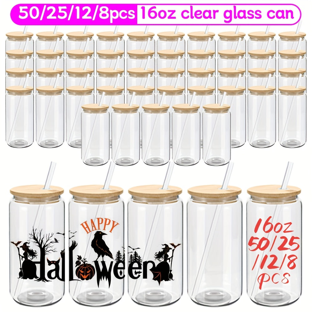 50/25/12/8 Pack 16Oz Clear Or Frosted Sublimation Glass Cans With Bamboo Lid, Transparent Glass Tumblers With Plastic Straw, Sublimation Glass Cups With Bamboo Lids, With Individually Boxed, Ideal For Diy Gifts&Halloween, Christmas, For Juicing Coffee