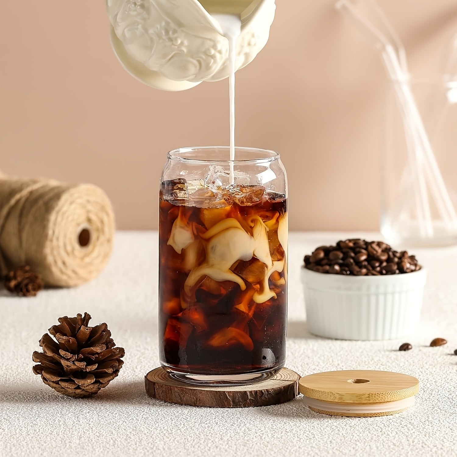 12, Glass Cups, 17.8oz/550ml Glass Cup with Lid And Straw, Mason Jar Drinking Cup, Iced Coffee Cup, Glass Cup with Bamboo Lid, Cute Cup, Reusable Straw, Suitable for Family Gatherings for business