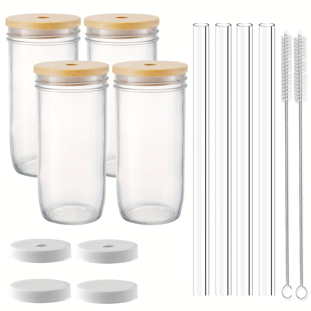 Mother's Day Gift for Mom, Glasses, (4 Cups + 4 Lids + 4 Straws) with Lids And Straws, 24oz Smoothie Glasses, Wide Mouth Reusable Mugs, Ice Mug Glasses