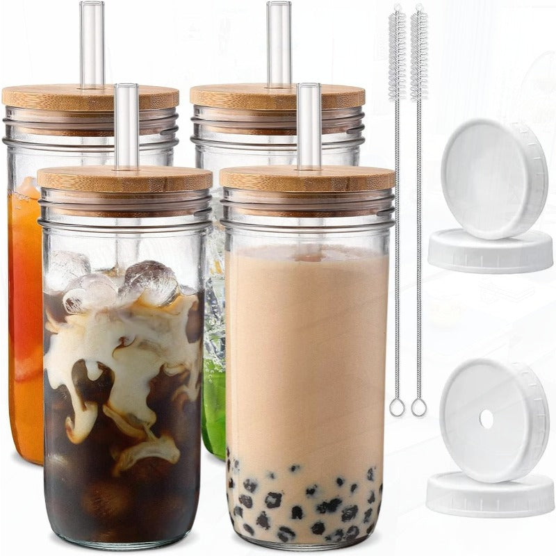 4pcs 24oz Reusable Glass Cups with Lids & Straws - Wide Mouth Mason Jar Design, Leak-Proof Lids, Perfect for Smoothies, Boba Tea, Coffee, and Cold Drinks - Durable & Stylish Beverage Containers, Beverage Serving Cups | Modern Glass Cups | Durable Glass