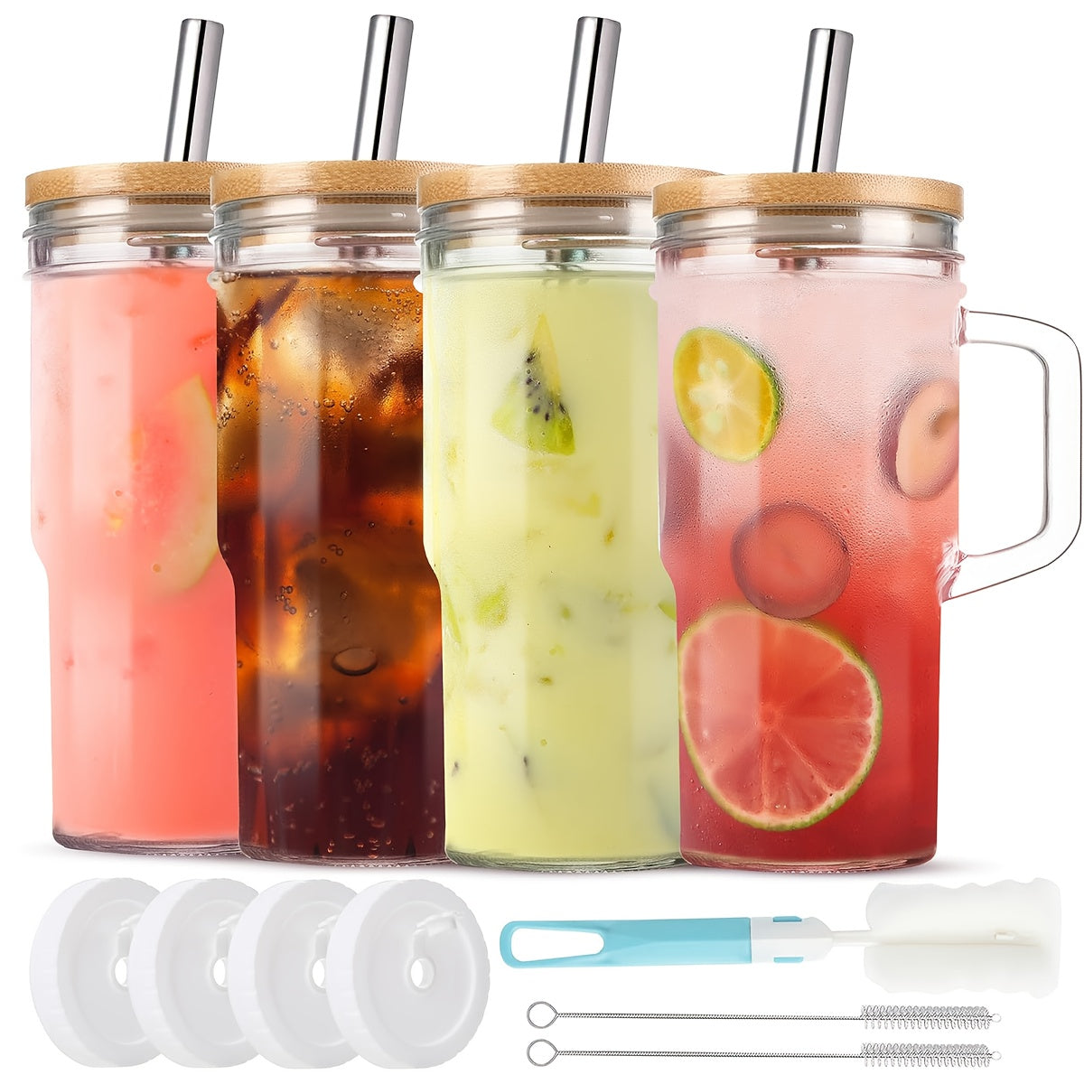 2/4pcs 24oz Glass Tumbler with Lid & Straw - Reusable, Freezer-Safe, Round Drink Mug for Iced Tea, Coffee, and Cold Beverages - Perfect for Christmas, Halloween, Thanksgiving, Diwali, and Day of the Dead Celebrations, Festive Drinkware | Round Tumbler |