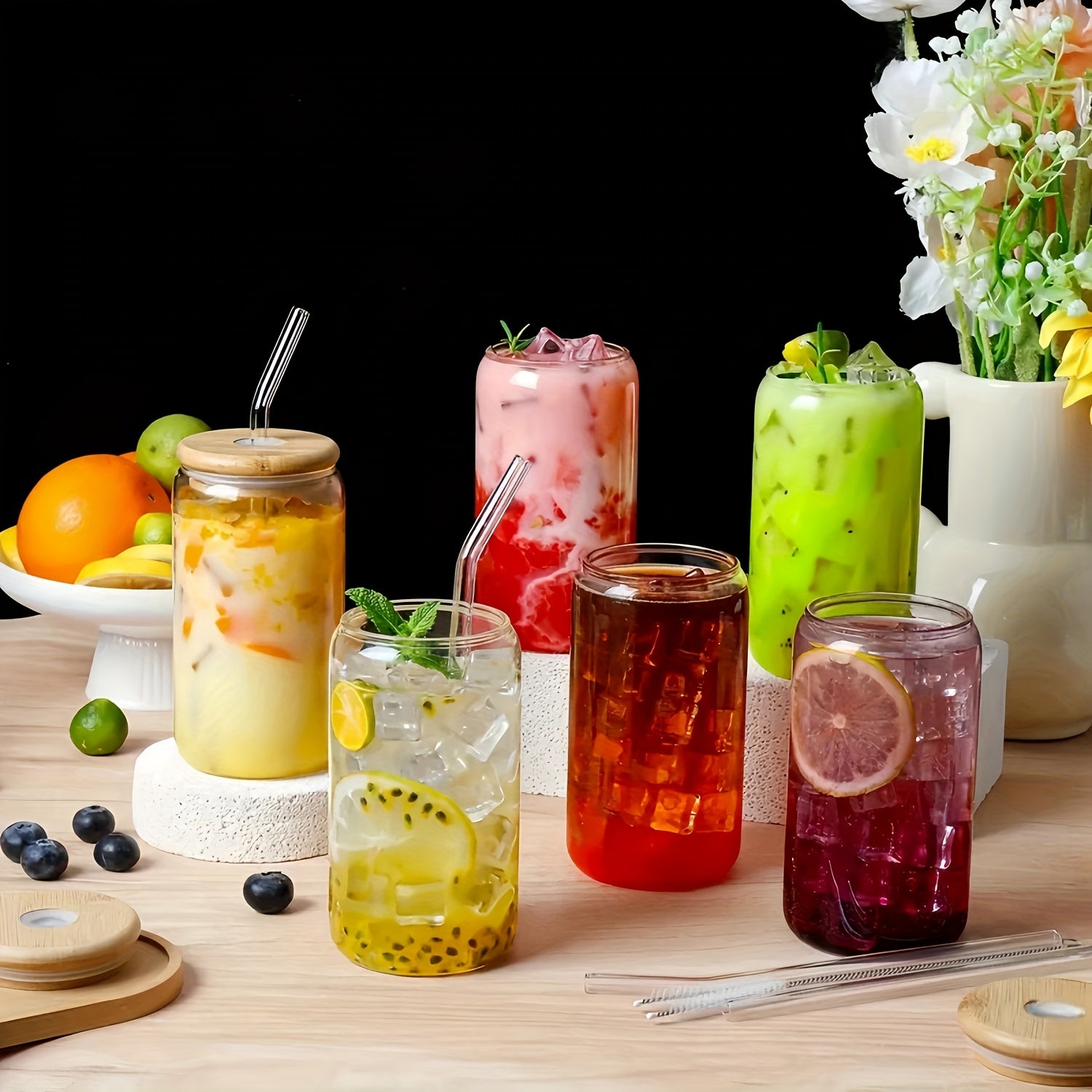 12pcs, Glass Straw Cup With Bamboo Lid, Mason Jar Water Cup, Iced Coffee Cup, Glass Cup With Bamboo Lid, Cute Cup, Reusable, Suitable For Furniture Kitchen, Hotel, Home Party Supplies, 18.7 Ounces/550 Milliliters
