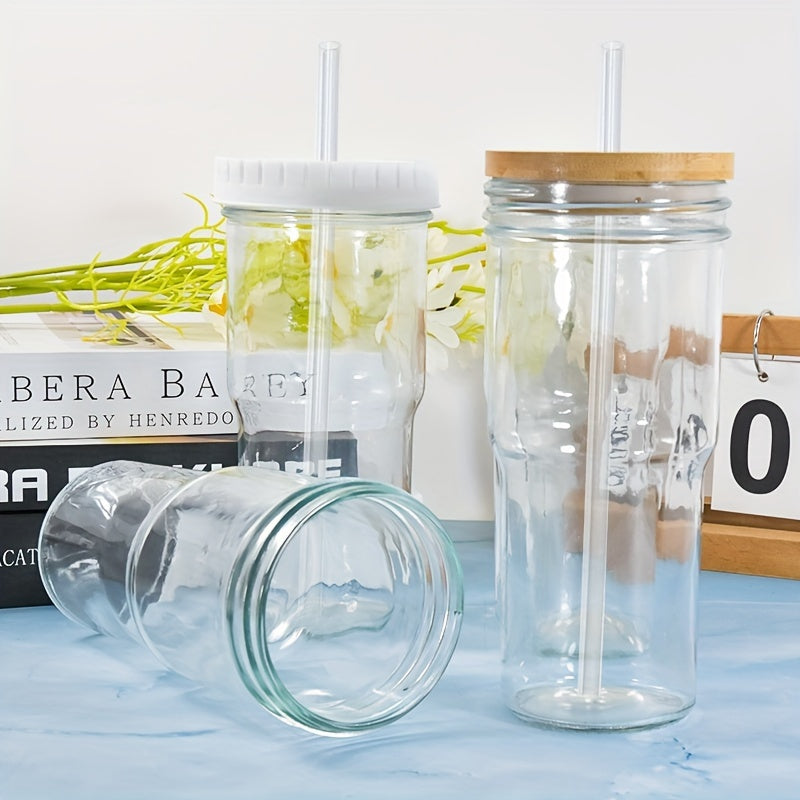 Pack of 4, Glass Cups with Bamboo Lids and Glass Straws 24oz, Glass Tumbler with Two Lid and Straw-Wide Mouth, Boba Cup Smoothie Tumbler Iced Coffee Cup Travel Mug