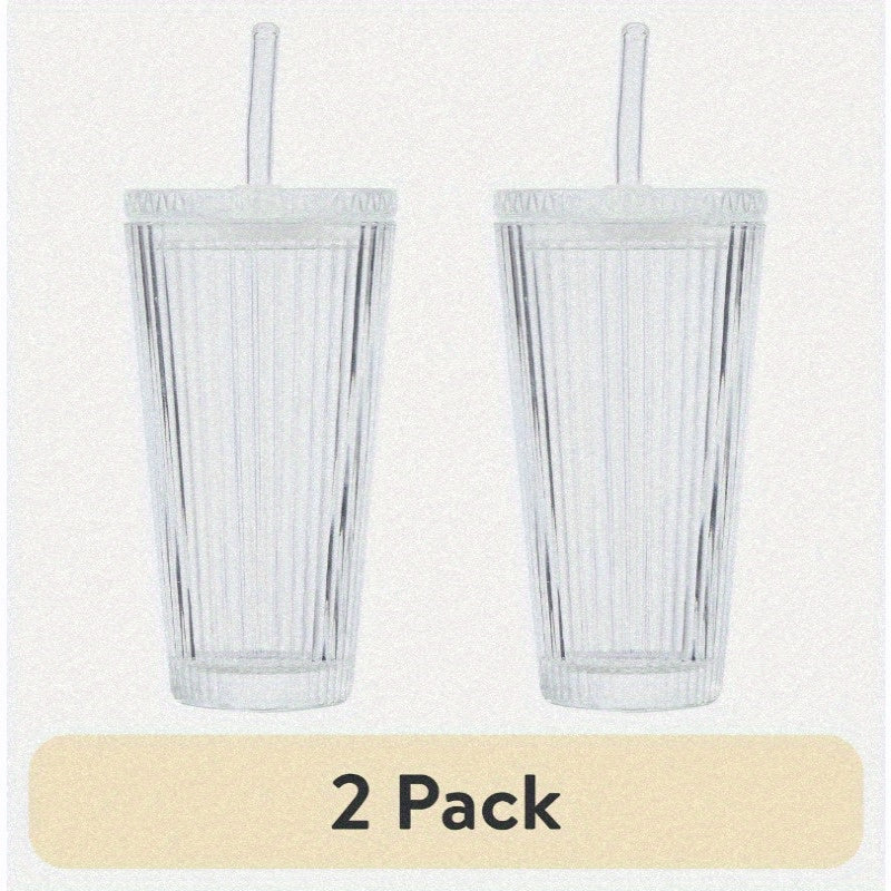 2pcs Ribbed 21oz Glass Tumblers with Lids & Straws - Clear, Reusable, Hand Wash Only, Perfect for Iced Beverages, Beverage Serving | Ribbed Glassware | Durable Glass