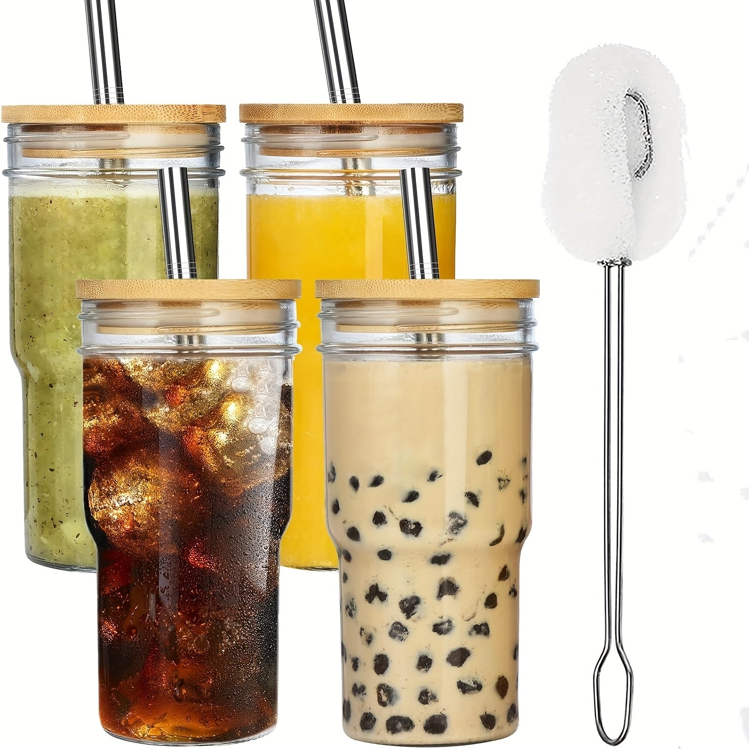 4pcs Of 24 Ounce Glass Cups with Lids And Straws, Cute Travel Glass Cups, Drinking Can Set, Reusable Glass Water Cups for Making Milkshakes, Cold Boiled, Soda Water, Juice - Mother's Day Gift, Christmas Gift - Comes with With Two Cup Brushes.