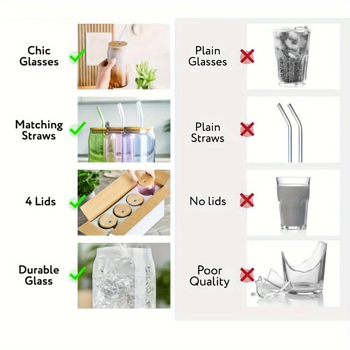 4pcs Glass with Lid & Straw - Bamboo Lid Straw Drink Cup-High Value Coffee Cup Household Glass-Explosion-proof with Lid-Strong and Durable Reusable-Christmas Gift