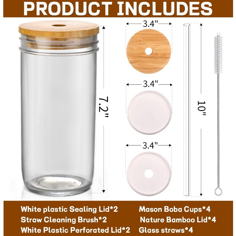 4pcs 24oz Reusable Glass Cups with Lids & Straws - Wide Mouth Mason Jar Design, Leak-Proof Lids, Perfect for Smoothies, Boba Tea, Coffee, and Cold Drinks - Durable & Stylish Beverage Containers, Beverage Serving Cups | Modern Glass Cups | Durable Glass