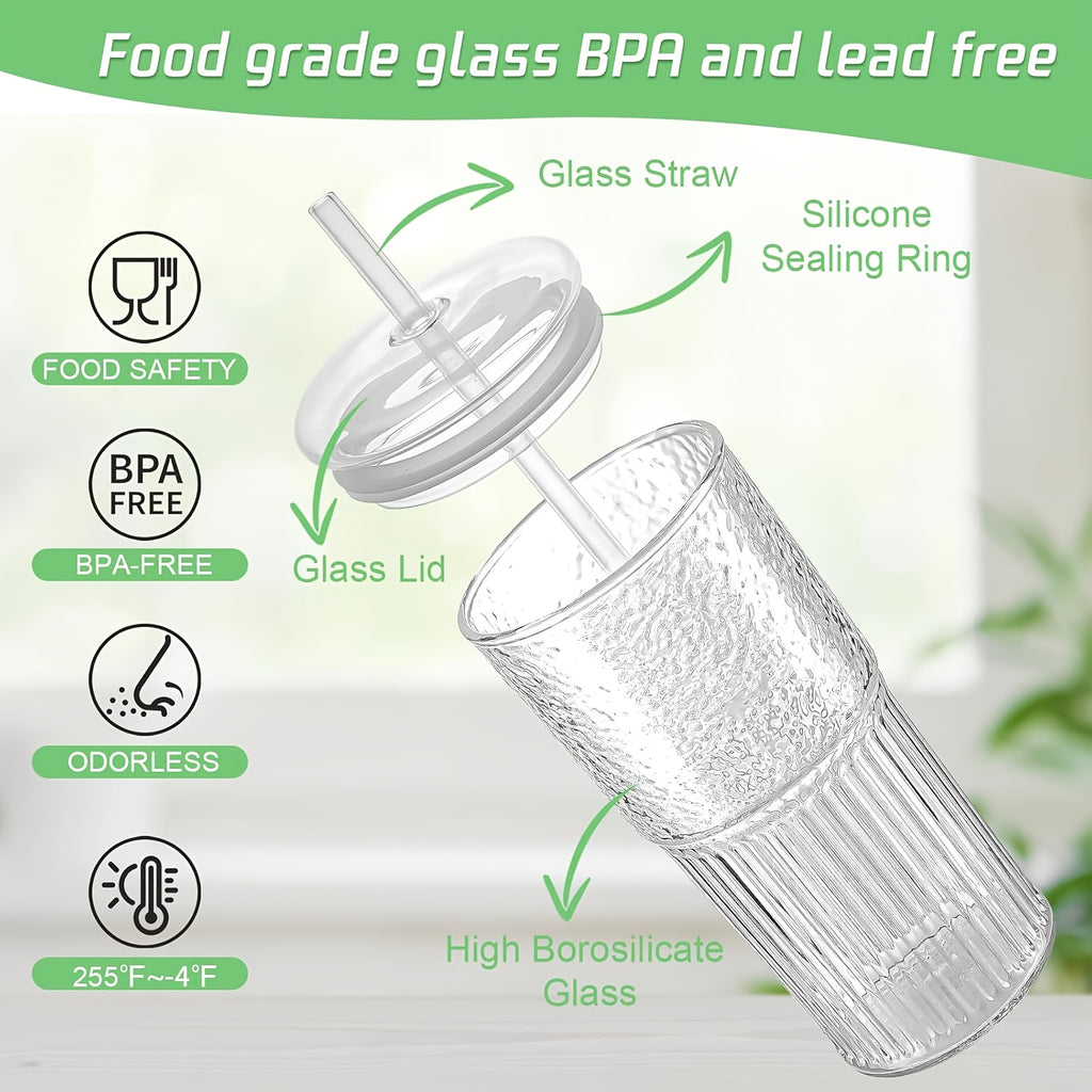 20oz - Set Of 2 Glass Cups with Lids And Straws, Pink/clear Glass Water Cups, for Iced Juice, Tea, Milk, Smoothies, And Cold Or Hot Drinks. Glass Iced Tea Cups.