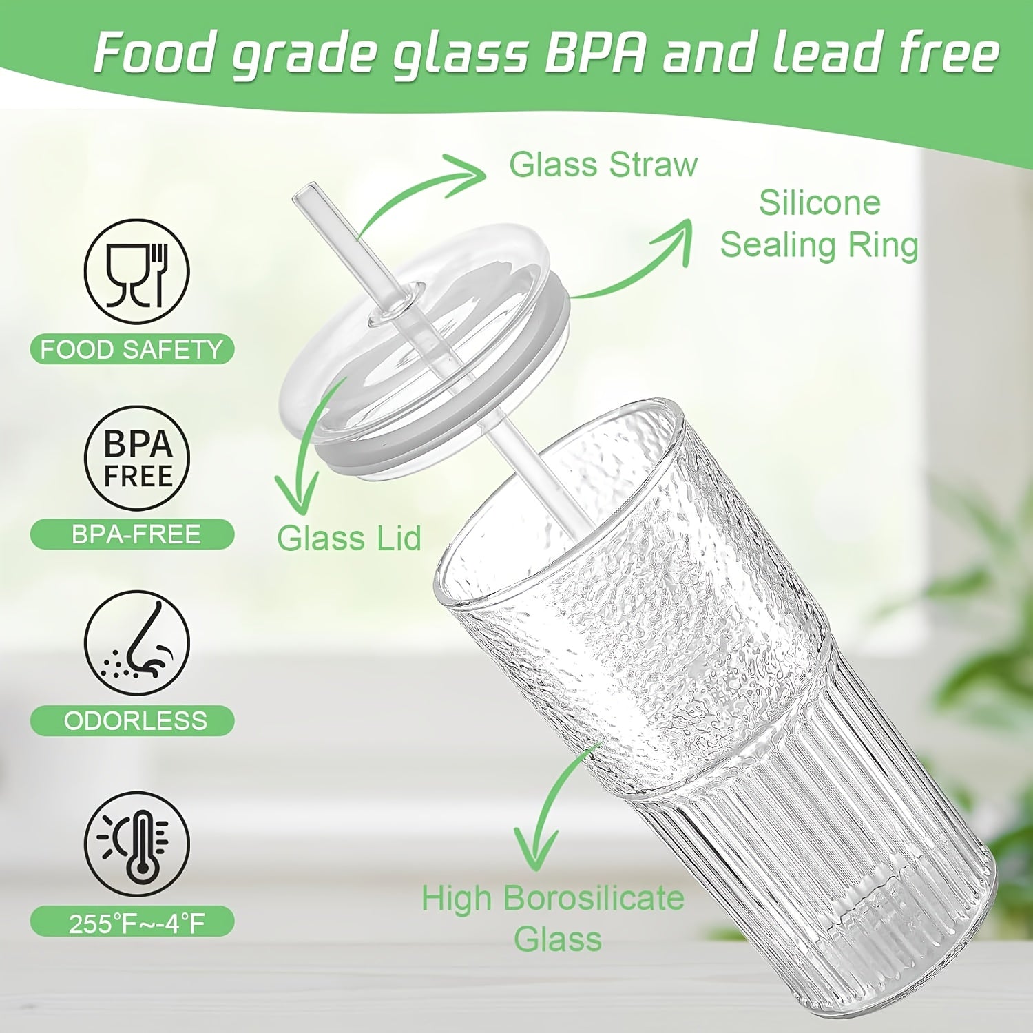 20oz - Set Of 2 Glass Cups with Lids And Straws, Pink/clear Glass Water Cups, for Iced Juice, Tea, Milk, Smoothies, And Cold Or Hot Drinks. Glass Iced Tea Cups.