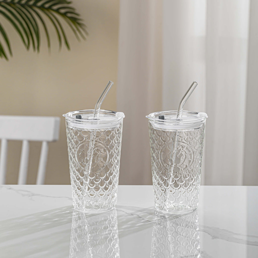 2pcs/4pcs High Boron Silicon Glass Tumblers with Lids and Stainless Steel Straws, Spill-Proof, Leak-Proof, Heat-Resistant, Ideal for Iced Coffee, with Reusable Drinkware for Travel, Office & Home