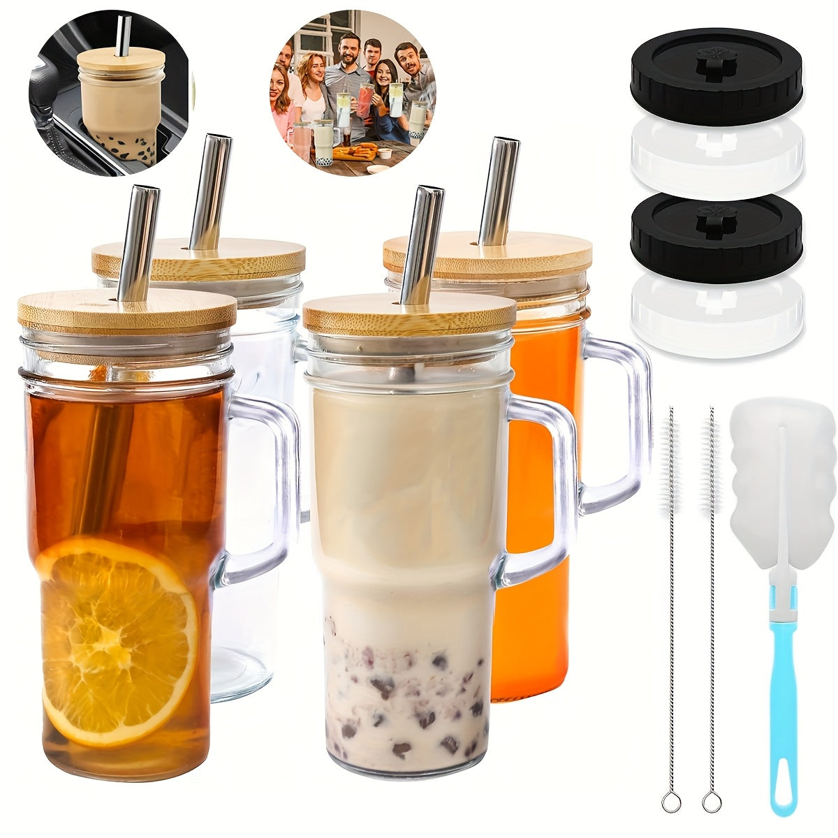 2/4pcs Tumblers with Lid And Straw - 24oz, with Bamboo Lid And Straw, Travel & Away Cups, Mason Glass Cup Drinkware Set, Free Sealed Silicone Lid & Straw Cleaning Brush!, Outdoor Hydration, Leakproof Tumbler, Modern Glassware, Stylish Drinkware Set, Hand