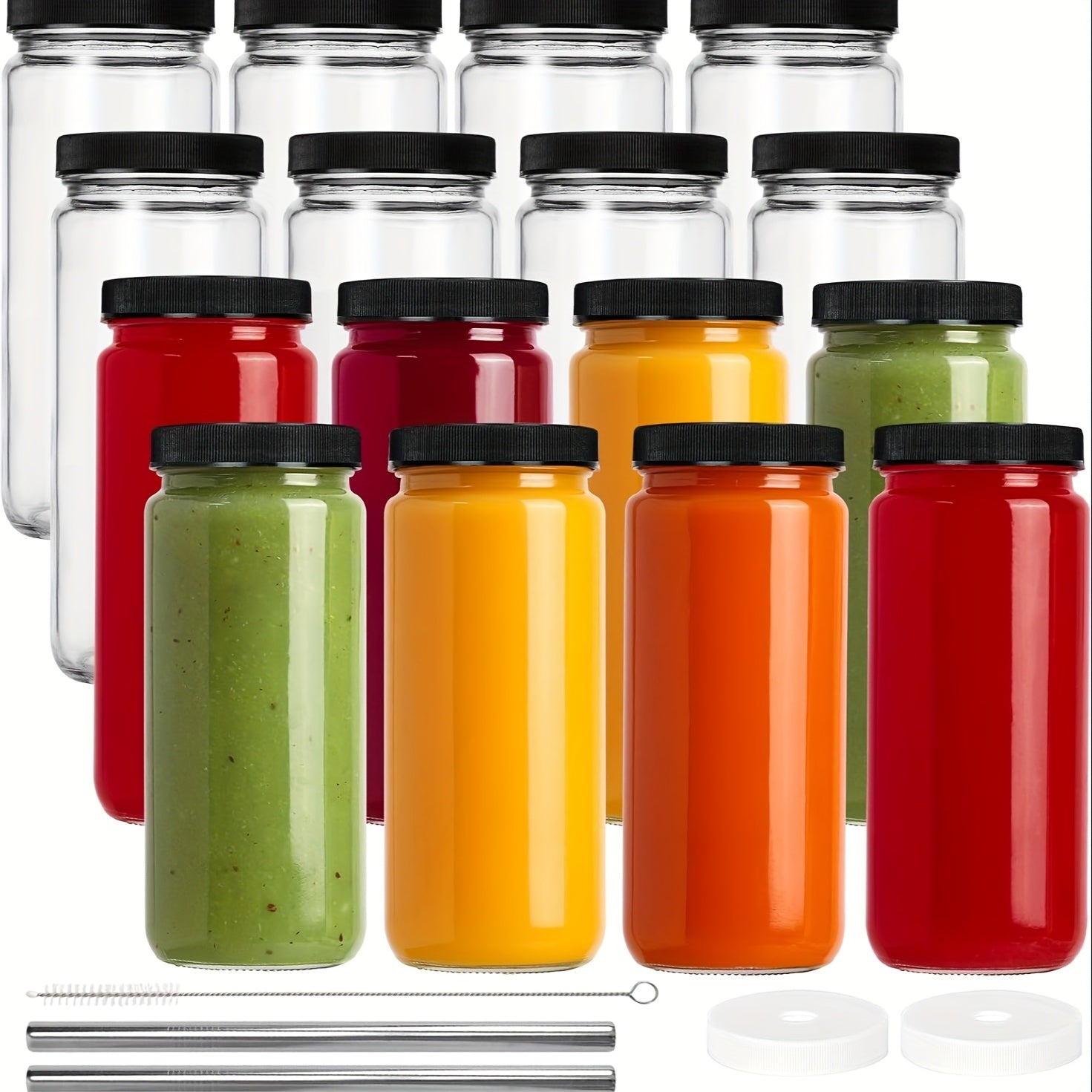 8/16pcs, 16oz Glass Juice Bottle with Sealed Lid, Free 2 Straws, Perforated Lid And Straw Brush, Juice Bottle - Clear Drink Can Cups, Water Bottles, Travel Juice Containers, Black Lid. Mother's Day Gift, Teacher Appreciation Gift, Bottle for Juice,
