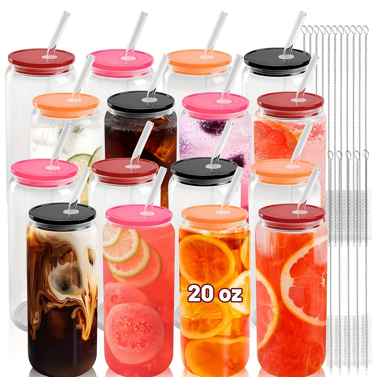 20 Oz Glass Cups With Acrylic Lids And Straws 16 Pcs Can Shaped Glass Iced Coffee Cups With Lids, Drinking Jar Glasses Cute Tumbler Cup Great For Smoothie Soda Boba Tea Cocktail Beer Gift