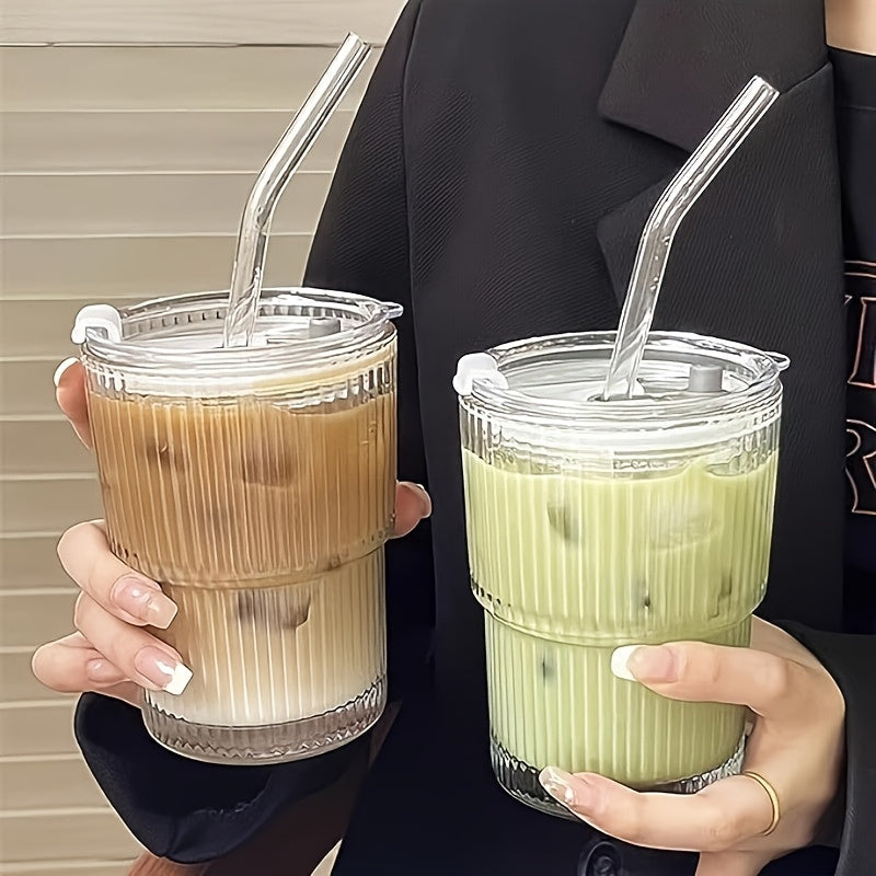 6pcs Ribbed Glassware, Glass Cups with Lids And Straws, Dishwasher Safety, Coffee Cups with Lids And Straw Sets, Reusable Iced Coffee Cups for Iced Tea, Juice, Water, Milk Tea, Milkshakes