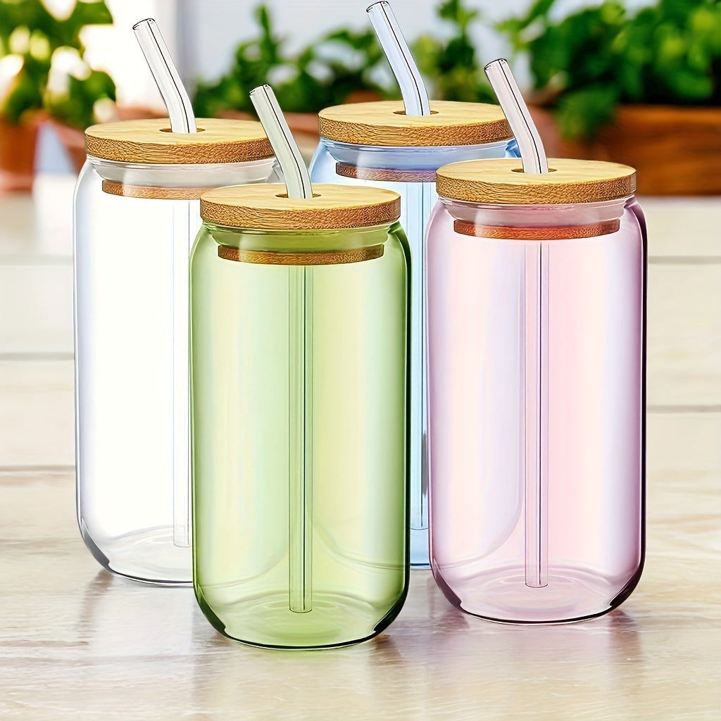4pcs Glass Cups with Lid and Straw, Rich Colors and Various Styles, Milk Tea Cup, Drink Cup, Iced Coffee Cup, Glass Coffee Cup with Bamboo Lid