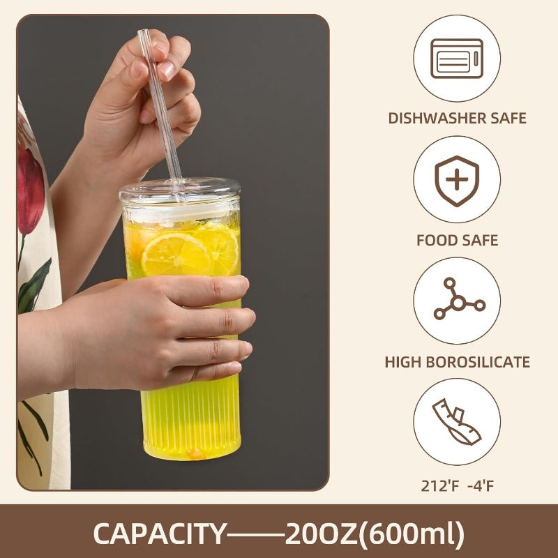 20oz High Borosilicate Glass Tumbler with Lid & Straw - Reusable Wide Mouth Coffee Cup, Clear Smoothie Cup for Iced Drinks, Durable & Stylish Design, Perfect for Home, Office, or On-the-Go Use, Coffee Travel Mug, Office Drinkware, Modern Drinkware,
