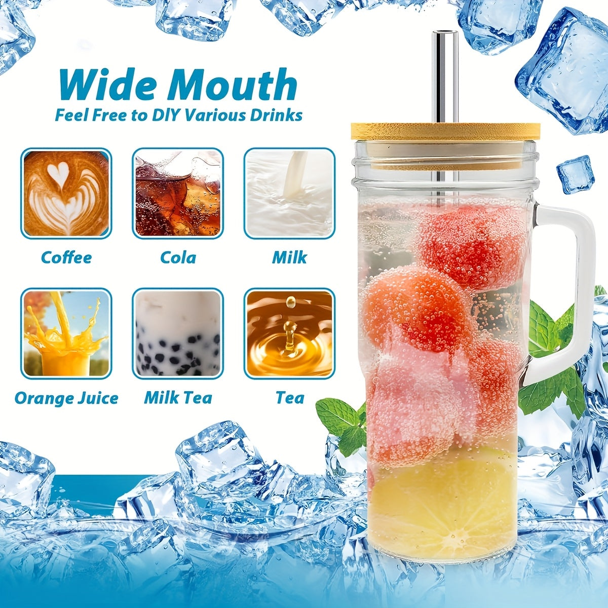 4pcs Handle Glass Cup, Reusable With Lid And Straw Wide Mouth Glass Cup, Boba Cup Smoothie Cup Iced Coffee Cup Car Cup, Free Straw Brush And Cup Brush