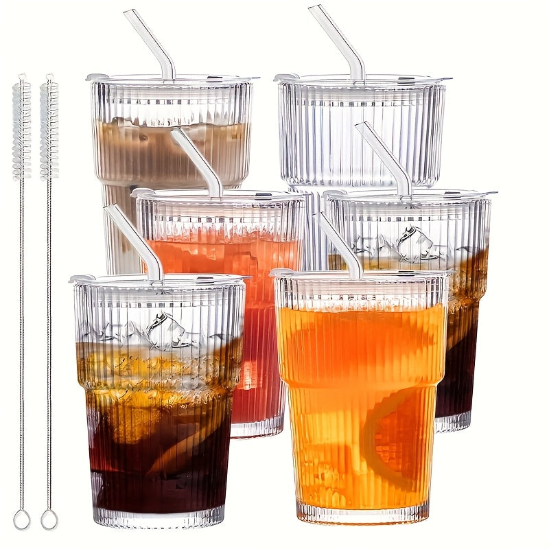 6pcs Ribbed Glassware, Glass Cups with Lids And Straws, Dishwasher Safety, Coffee Cups with Lids And Straw Sets, Reusable Iced Coffee Cups for Iced Tea, Juice, Water, Milk Tea, Milkshakes