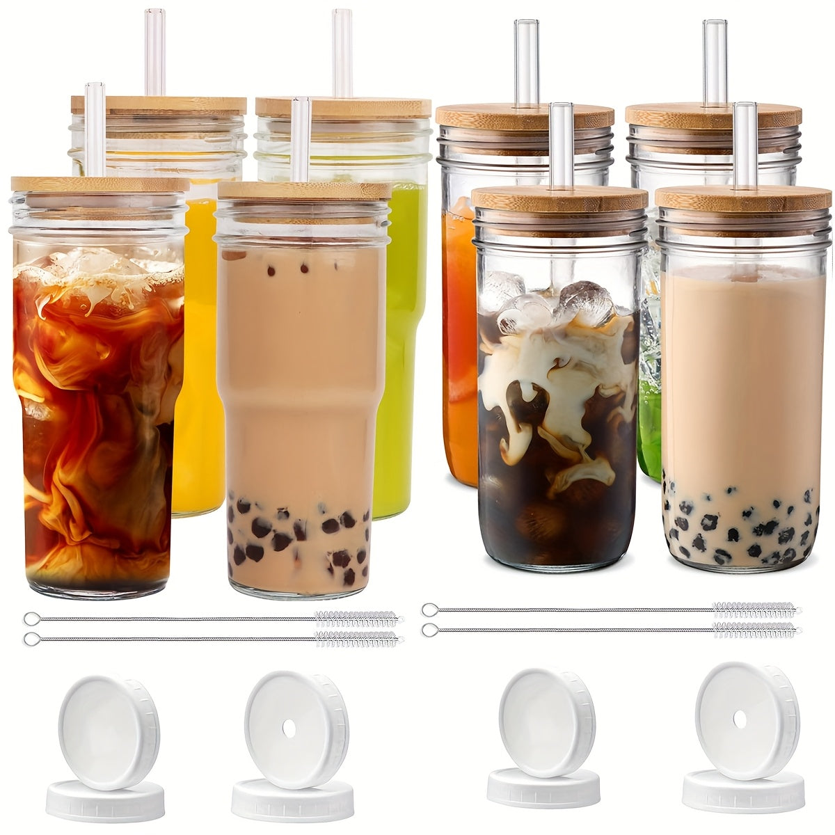 4pcs Lidded Glasses with Wooden And Sealed Lids, Smoothie Glasses with Straws - Boba Mason Jar, Wide Mouth Reusable Drinking Cups, Iced Coffee Mugs, Kitchen Drinkware, Water Bottles.