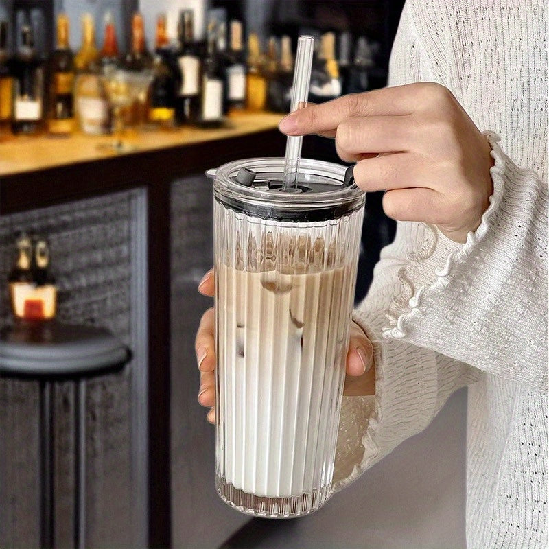 Large Capacity Clear Coffee Latte Cup with Lid & Built-in Straw - Elegant Modern Tumbler for Iced Americanos, Home, Office, or Gifts - Durable Glass Construction, Spill-Proof Design for Hot/Cold Beverages, Office Drinkware, Contemporary Drinkware, Premium