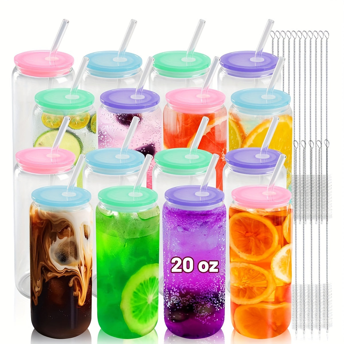 20 Oz Glass Cups With Acrylic Lids And Straws 16 Pcs Can Shaped Glass Iced Coffee Cups With Lids, Drinking Jar Glasses Cute Tumbler Cup Great For Smoothie Soda Boba Tea Cocktail Beer Gift