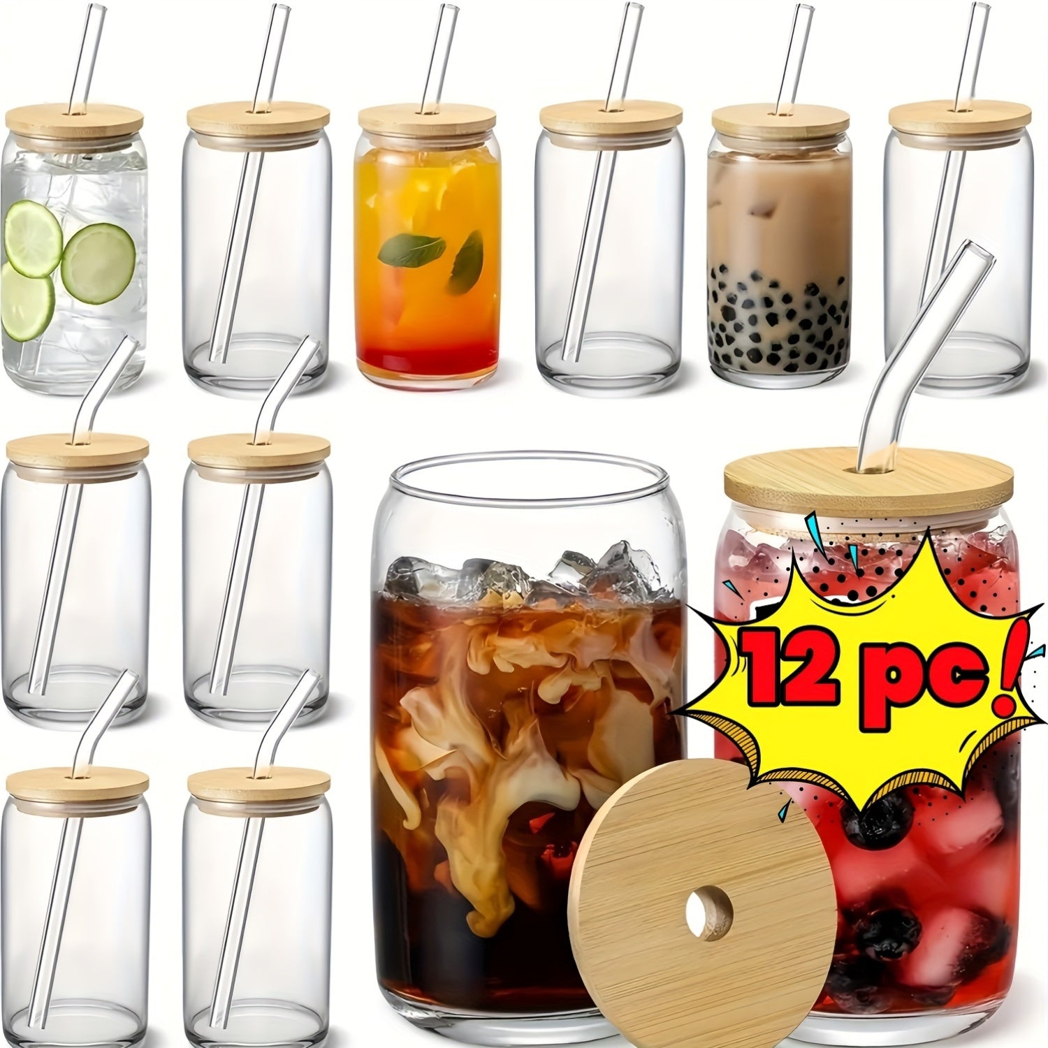 12pcs, Glass Straw Cup With Bamboo Lid, Mason Jar Water Cup, Iced Coffee Cup, Glass Cup With Bamboo Lid, Cute Cup, Reusable, Suitable For Furniture Kitchen, Hotel, Home Party Supplies, 18.7 Ounces/550 Milliliters