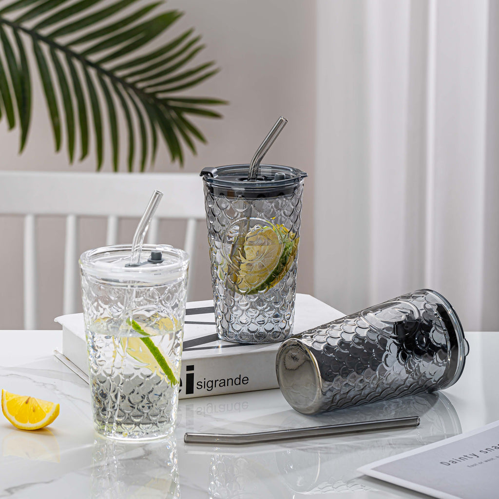 2pcs/4pcs High Boron Silicon Glass Tumblers with Lids and Stainless Steel Straws, Spill-Proof, Leak-Proof, Heat-Resistant, Ideal for Iced Coffee, with Reusable Drinkware for Travel, Office & Home
