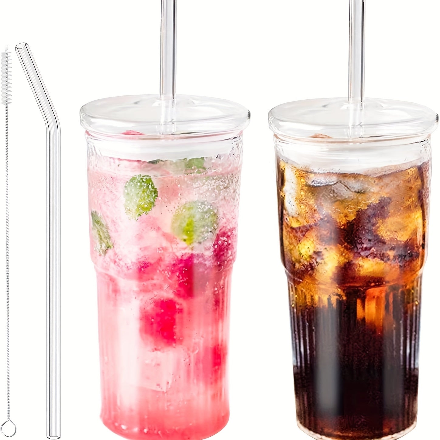 2/4pcs Combo Pack - 20 Oz Glass Coffee Mug With Lid And Straw, Pink/White Ice Water Mug For Iced Juice, Tea, Milk, Smoothies And Cold Or Hot Drinks. Kitchen Drinkware.