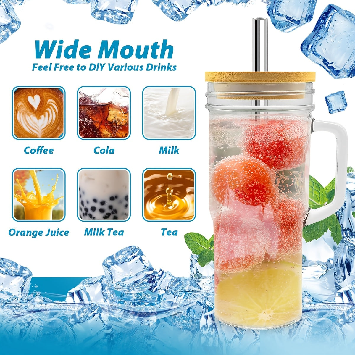 2/4pcs Handle Car Cup, 24oz High Borosilicate Glass Cup Without BPA, with Bamboo Lid And Straw, Suitable for Use with Iced Tea, Juice, Milk, Coffee, Sunny Lemonade, Preparing for Party Gatherings, Free Sealing Lid And Brush