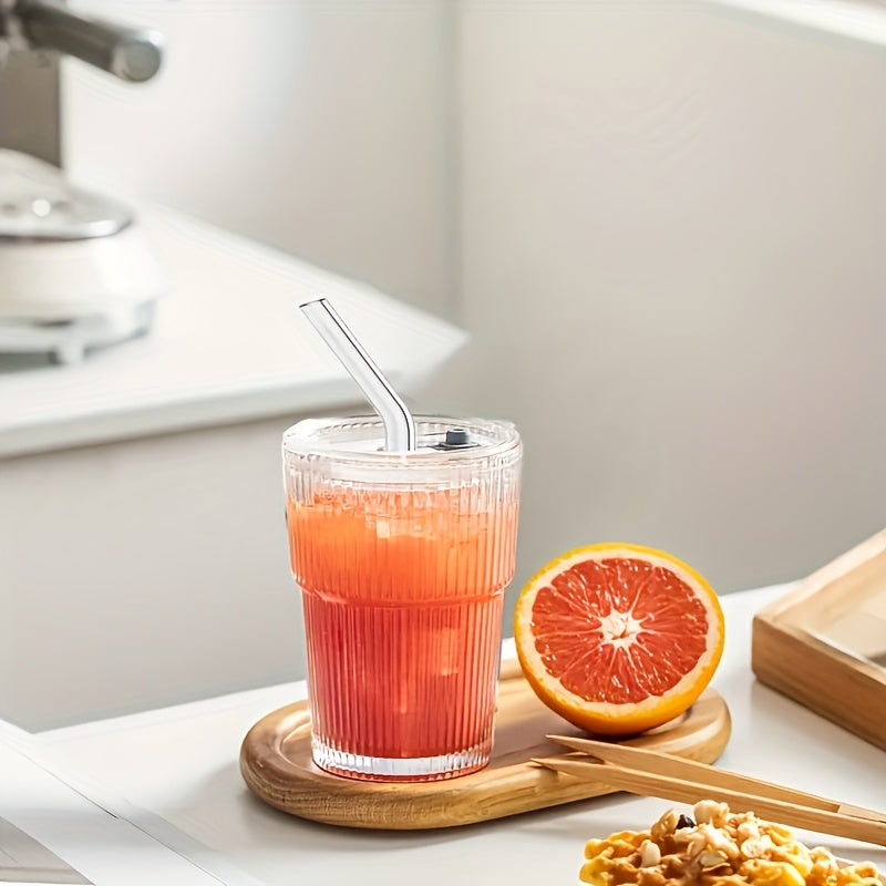 6pcs Ribbed Glassware, Glass Cups with Lids And Straws, Dishwasher Safety, Coffee Cups with Lids And Straw Sets, Reusable Iced Coffee Cups for Iced Tea, Juice, Water, Milk Tea, Milkshakes